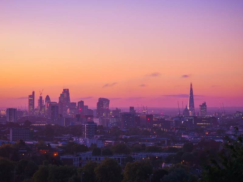 View of London at sunrise from Hampstead Heath