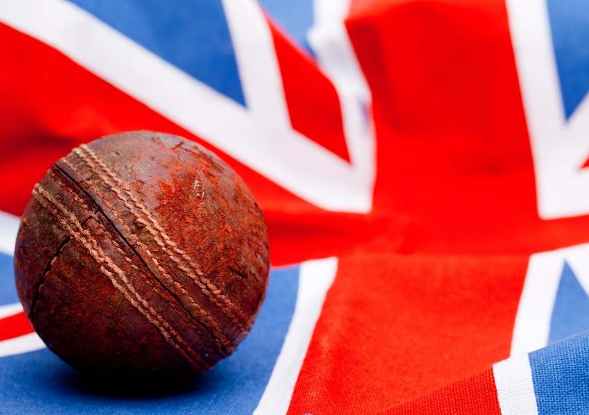 A picture of a cricket ball on the Union Jack