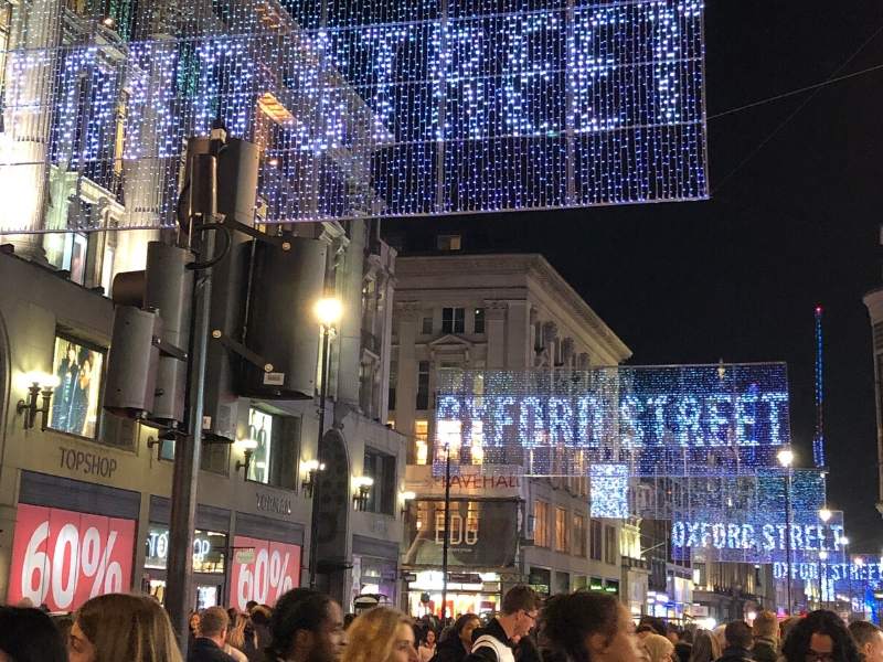 A picture showing Christmas decorations on Oxford Street