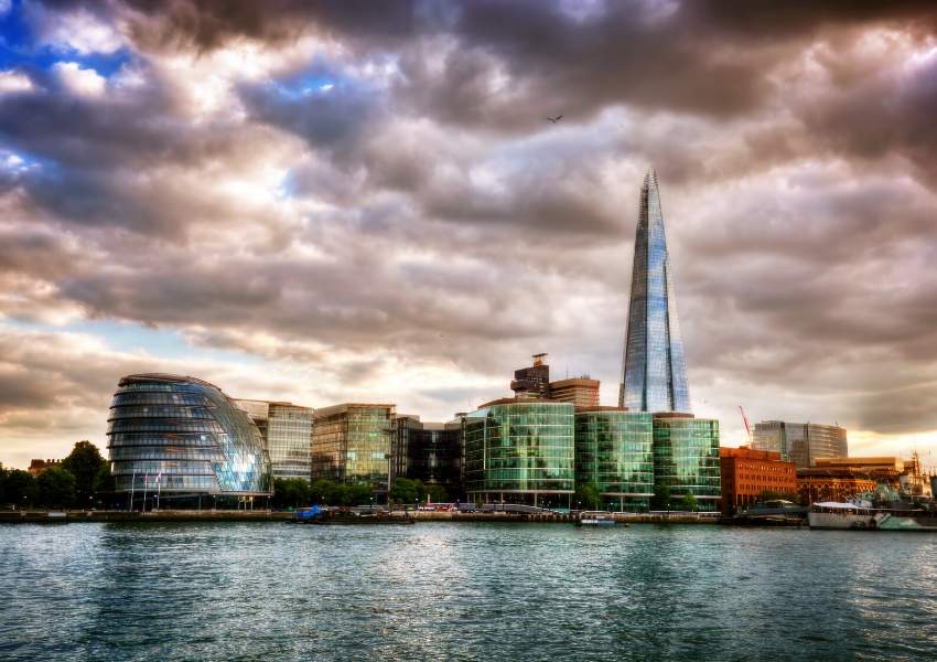 A picture of the Shard with brooding skies