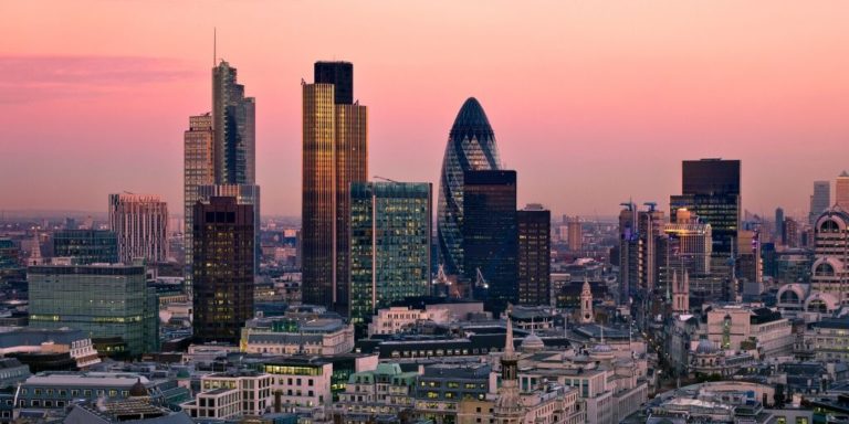 View of the Shard and London at sunset