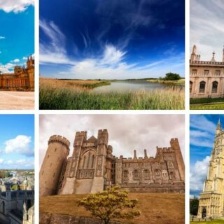 A picture showing 6 places to visit in South East England including Blenheim Palace, Brighton Pavilion and Canterbury Cathedral