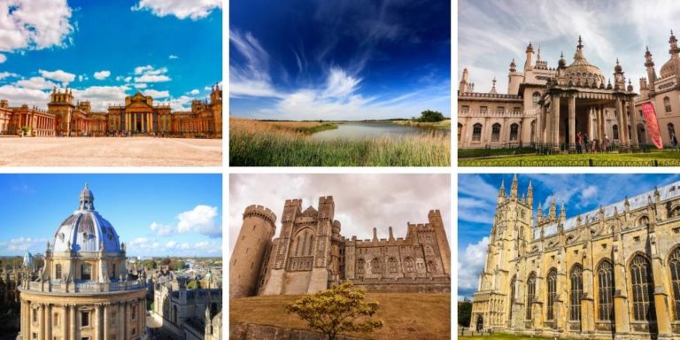 A picture showing 6 places to visit in South East England including Blenheim Palace, Brighton Pavilion and Canterbury Cathedral