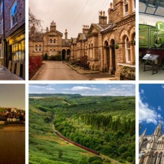 A picture showing 6 places to visit in Yorkshire including York, Saltaire and Fountains Abbey