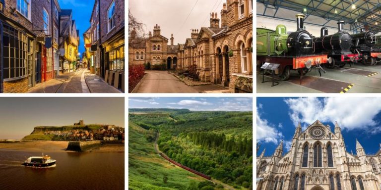 A picture showing 6 places to visit in Yorkshire including York, Saltaire and Fountains Abbey