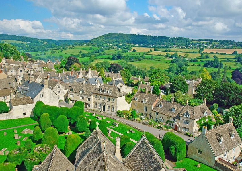 An aerial shot of Painswick one of the best villages to visit in the Cotswolds