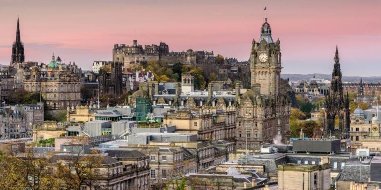 A photo of Edinburgh city at sunset