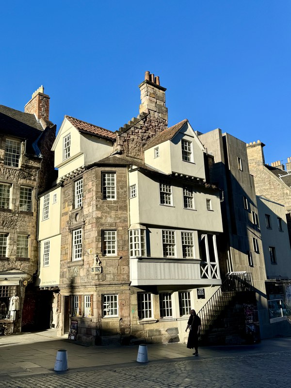 The timber upper floors of John Knox House jutting over the Royal Mile in Edinburgh