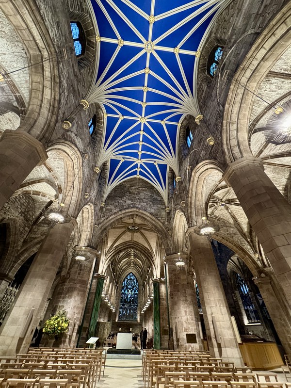 The painted blue and gold vaulted ceiling in the nave of St Giles Cathedral, Edinburgh