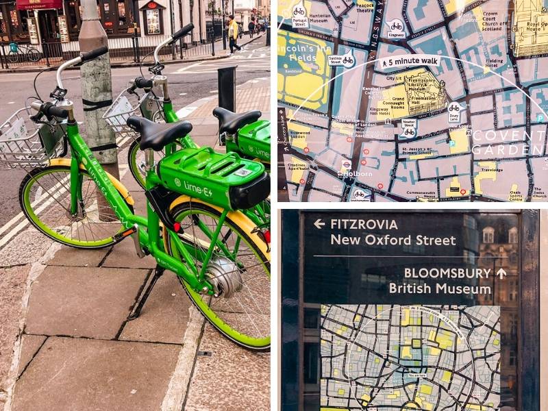 Boris bikes and signposts in London England