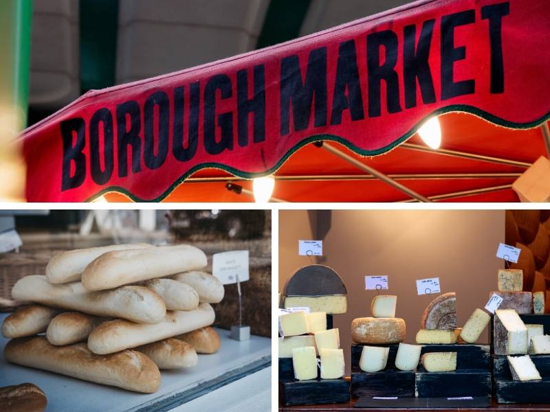 Borough Market in London and examples of bread and cheese that can be purchased there