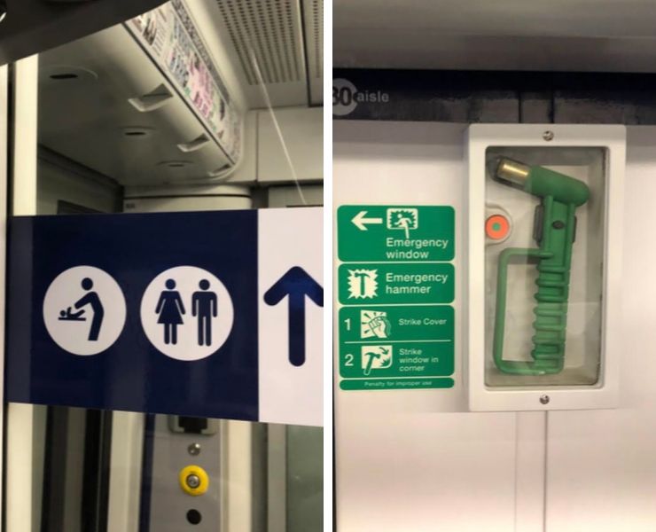 Toilet sign and emergency hammer on a UK train