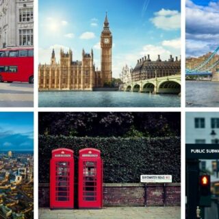 A collage of photographs of London including a london bus, Big Ben and Tower Bridge