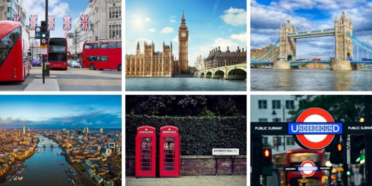 A collage of photographs of London including a london bus, Big Ben and Tower Bridge