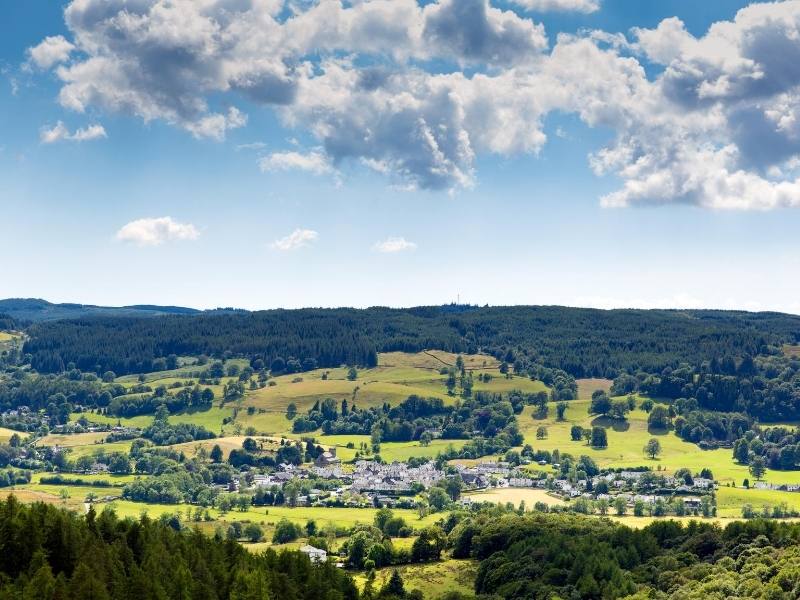 A view over Hawkshead one of 24 pretty towns and villages in the Lake District to visit