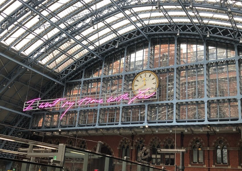 St Pancras station with Tracey Emin's art work can be seen if you stay in one of the hotels near Kings Cross Station London or St Pancras or are catching a train from one of these stations