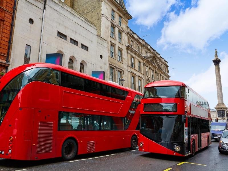 Two red London buses.