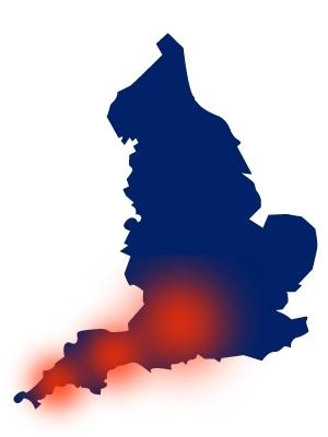 Map highlighting the south west of England