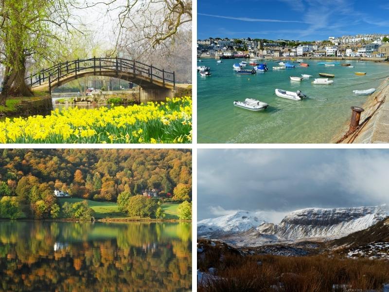 Scenes showing the 4 seasons in the UK Spring in England, Summer in St Ives Cornwall, Autumn in the Lake District and Winter in Scotland