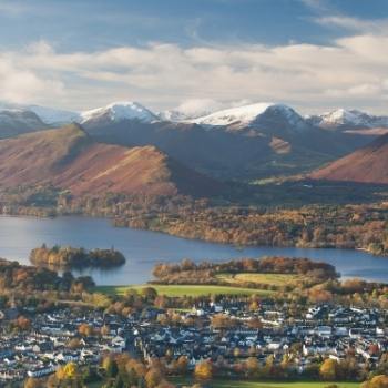 View over the Lake District with snow covered peaks