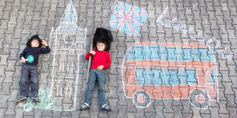 Children next to a drawing of London found in the Best London hotels for families