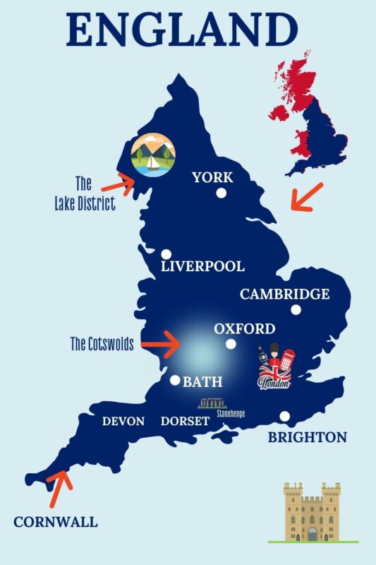 England Travel Guide areas on a map.