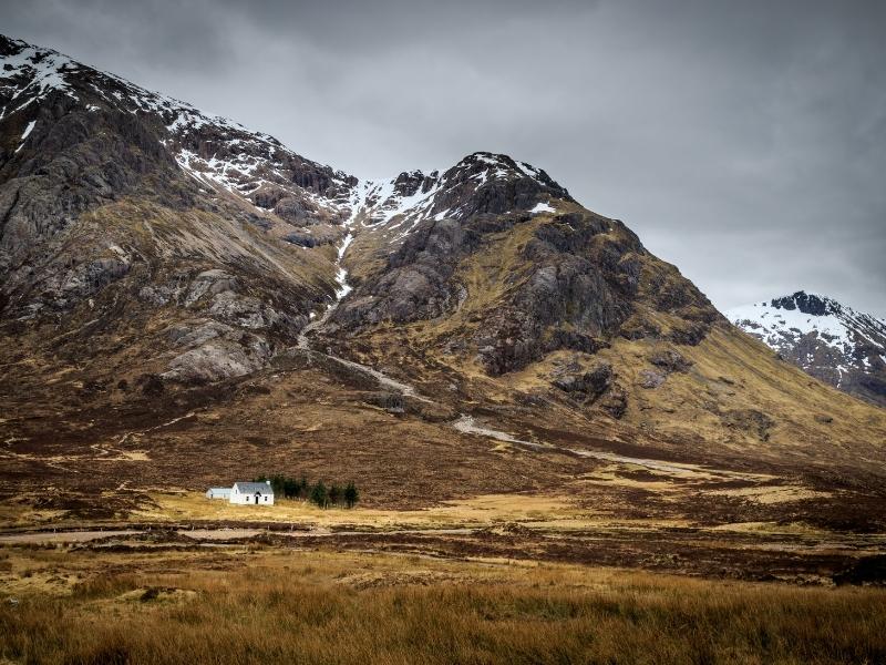 Snow peaked mountains in Glencoe.