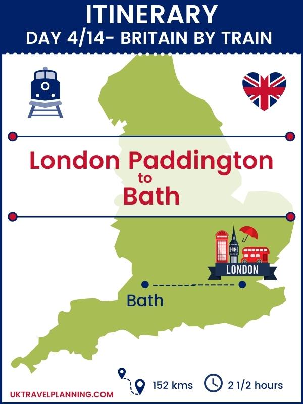 Britain by train - 14 day itinerary map showing day 4 of 14 - London to Bath.