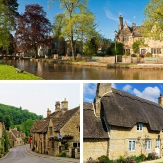 Images of stone cottages in the Cotswolds England