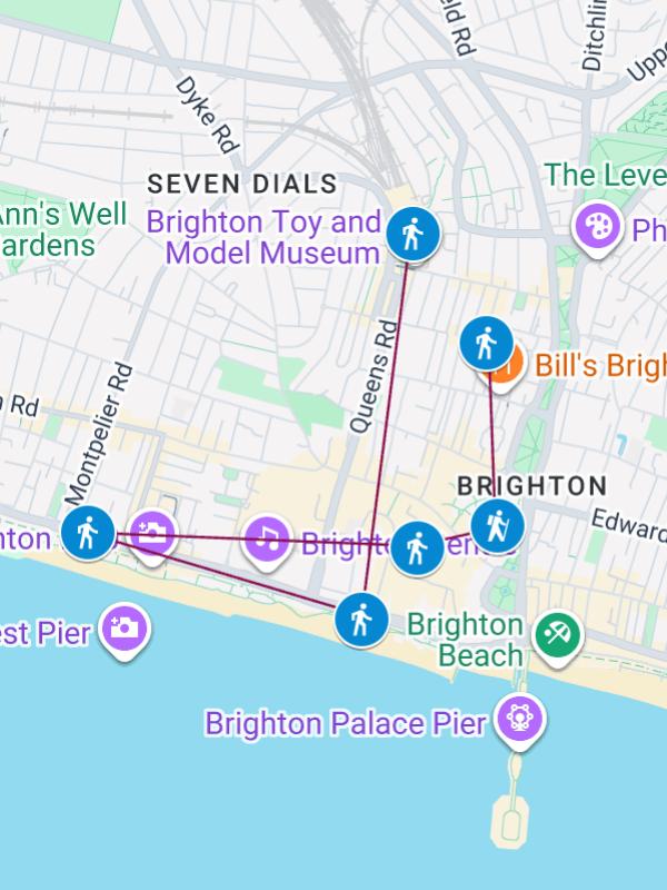 Map showing walking route of Brighton England