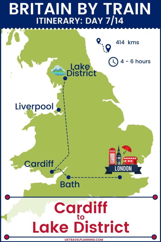 Britain by train - 14 day itinerary map showing day 7 of 14 - Cardiff to Lake District.