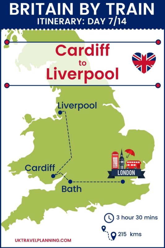 Britain by train - 14 day itinerary map showing day 7 of 14 - Cardiff to Liverpool.