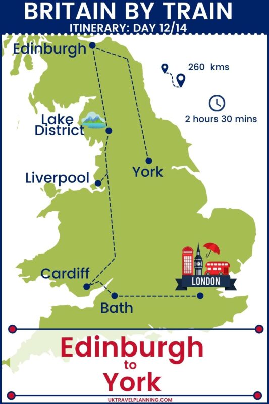 UK rail trip - 14 day itinerary map showing day 12 of 14 - Edinburgh to York.