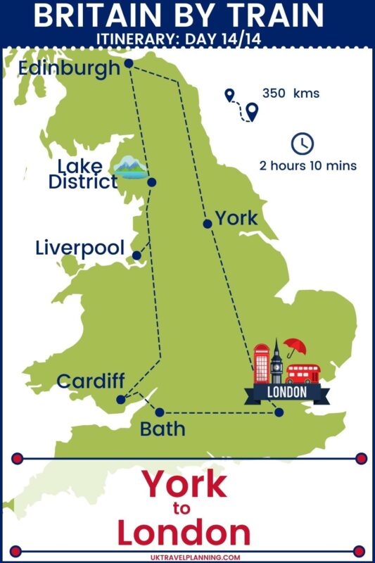 UK rail trip - 14 day itinerary map showing day 14 of 14 - York to London.