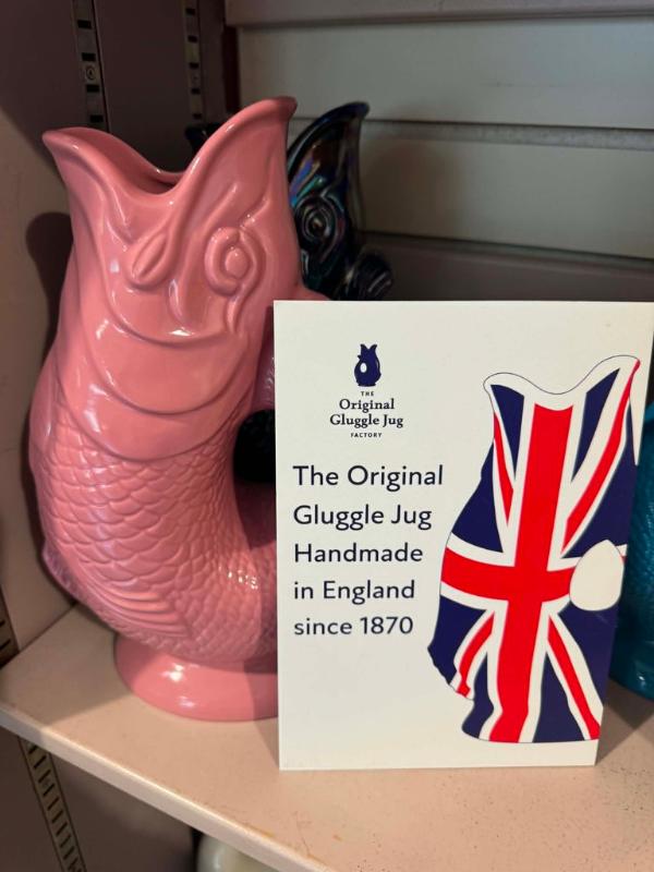 Pink Gluggle Jug fish pitcher, handmade in England since 1870, in a Brighton shop