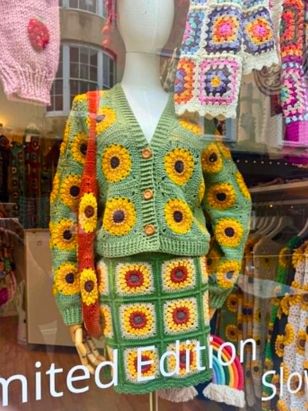 Crochet sunflower cardigan in an independent shop window in North Laine, Brighton
