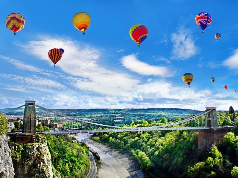 Hot air balloons over Clifton Suspension Bridge.