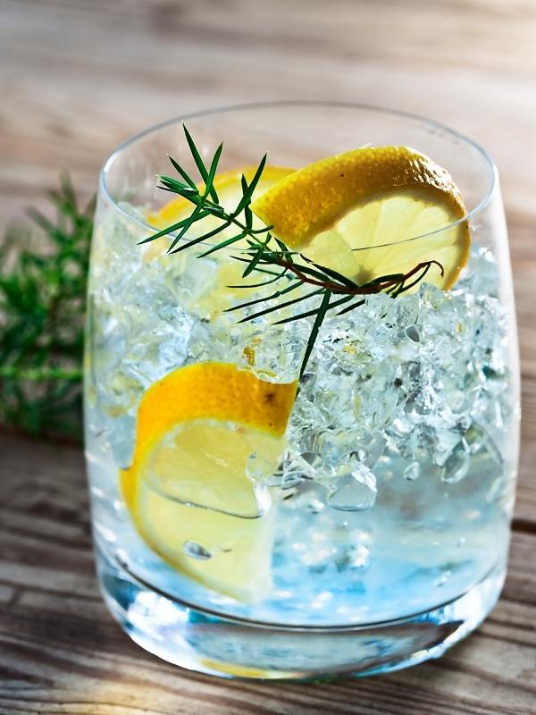 Gin and tonic one of the most popular English drinks in a glass with ice and slices of lemon.