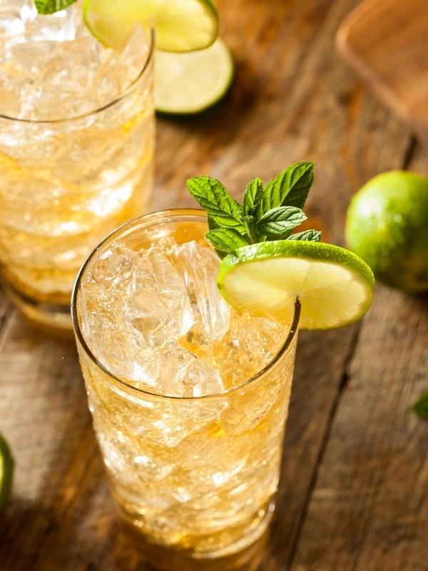 A glass of ginger ale with lime and mint leaves.