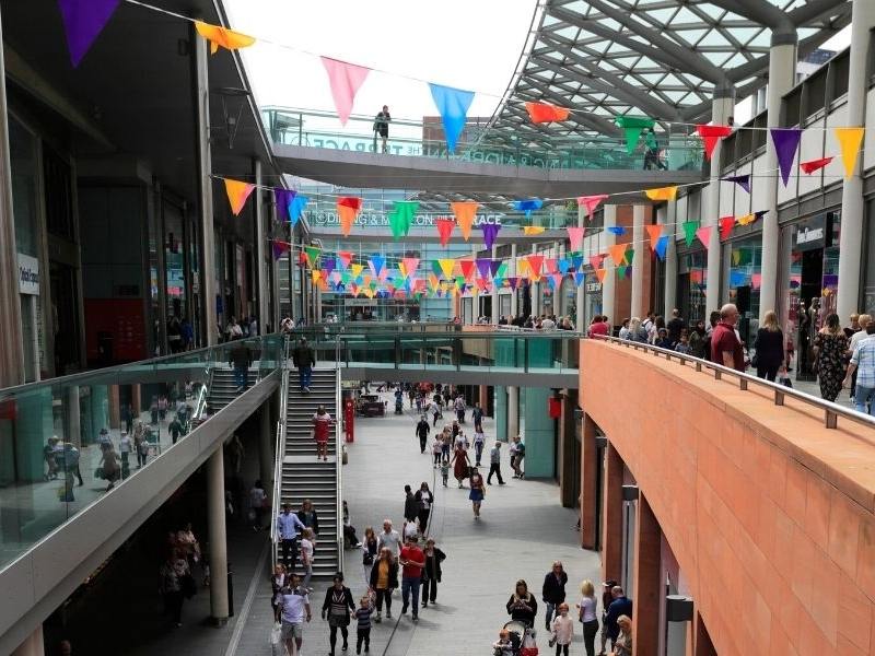 The Liverpool One shopping centre decorated with bunting.