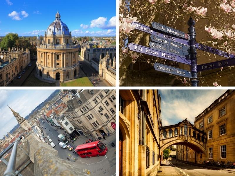 Collage of photographs of Oxford including the Redcliffe Camera, signposts and an arial view of the city