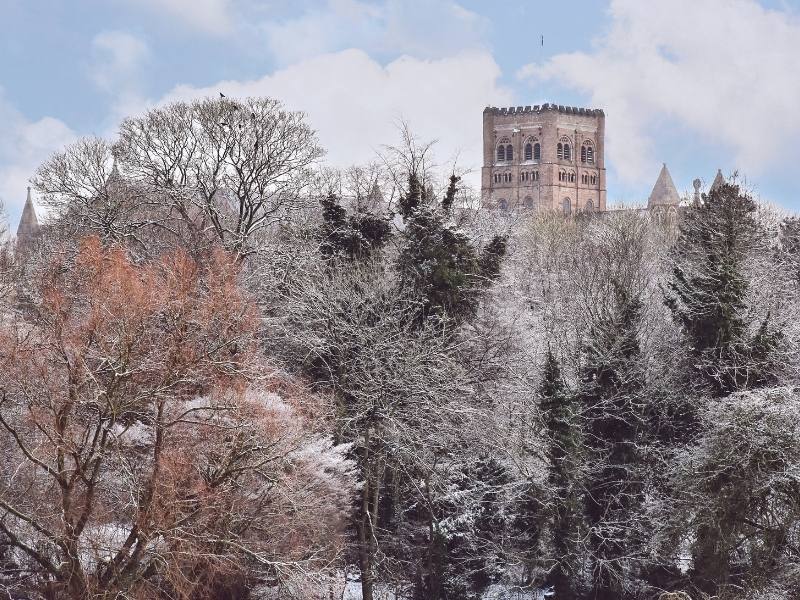 St Albans Abbey and Cathedral in the snow.