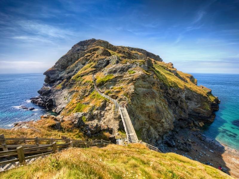 View of the bridge over to Tintagel in Cornwall.