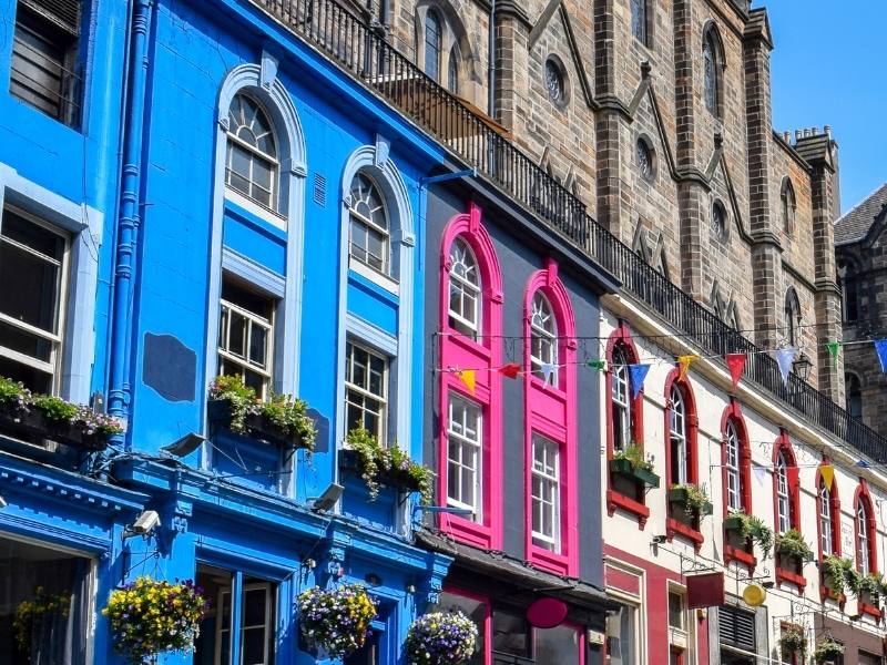 Colourful houses in Victoria Street Edinburgh.