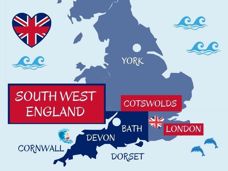 Map showing the south west region of England with main areas and cities labelled.