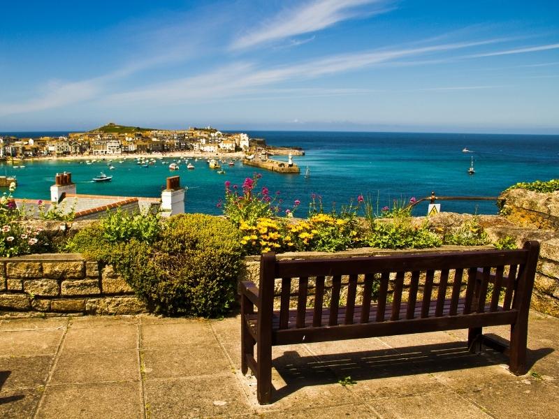 View from a wooden bench overlooking St Ives Bay.