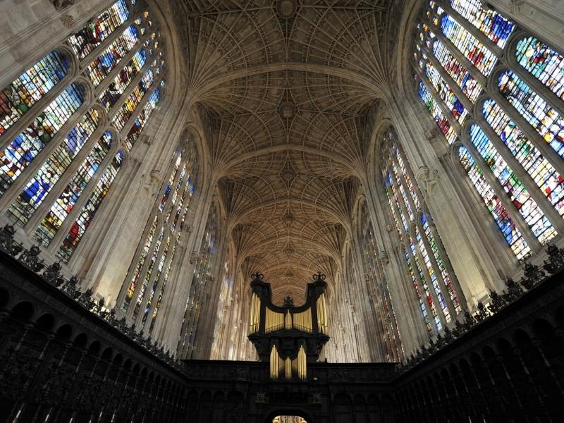 Stained glass windows in King's College Chapel.