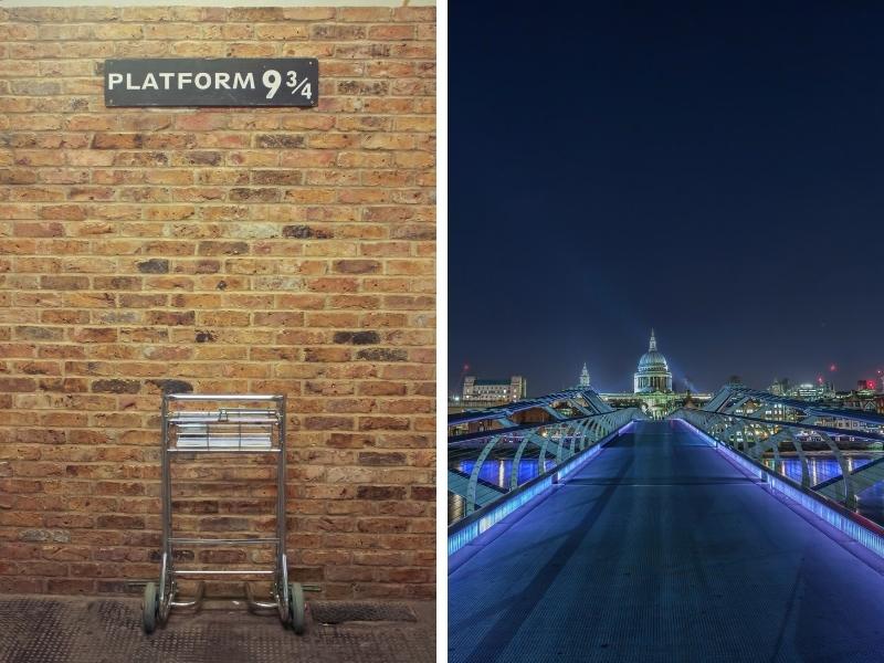 Platform 9 3/4 at Kings Cross and the Millennium Bridge in London.