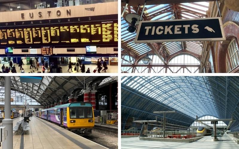 Collage of images of UK train travels including a ticket sign, a train, the Eurostar at St Pancras and Euston train board for a guide to UK train travel.