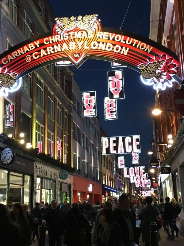 Christmas lights in Carnaby Street London in December.